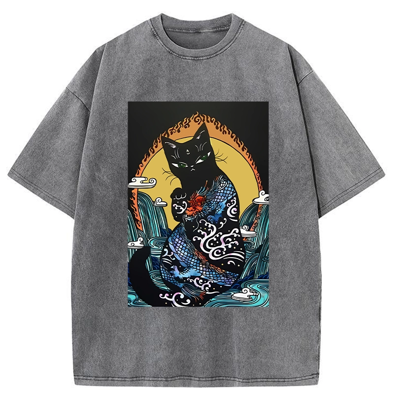 Tokyo-Tiger Black Cat With Dragon Pattern Washed T-Shirt