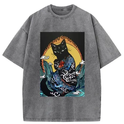 Tokyo-Tiger Black Cat With Dragon Pattern Washed T-Shirt