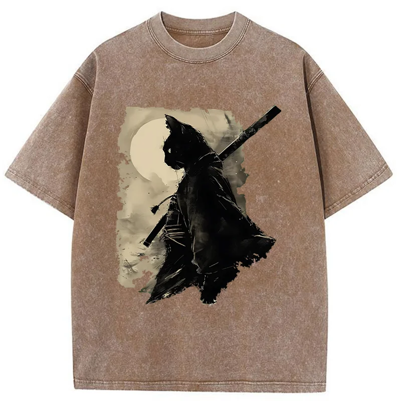 Tokyo-Tiger Under The Moon Cat Samurai Washed T-Shirt