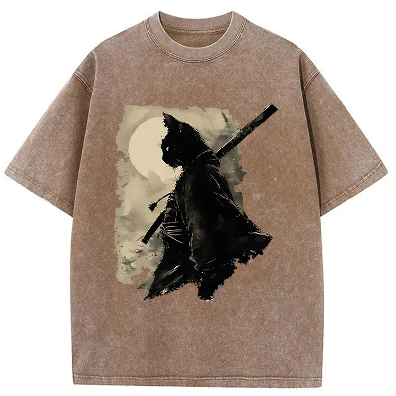 Tokyo-Tiger Under The Moon Cat Samurai Washed T-Shirt