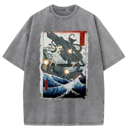 Tokyo-Tiger Octopus VS Spaceship Washed T-Shirt