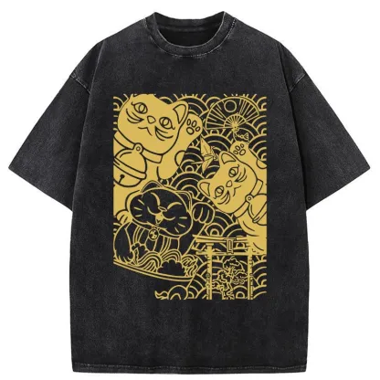 Tokyo-Tiger Lucky Cat Good Luck Washed T-Shirt