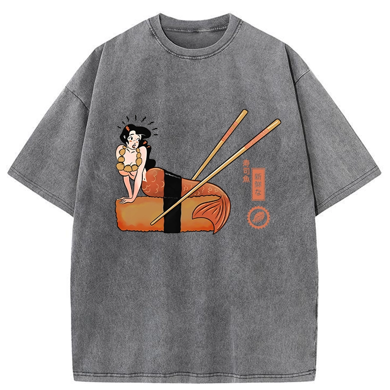 Tokyo-Tiger Funny Sushi Mermaid Washed T-Shirt