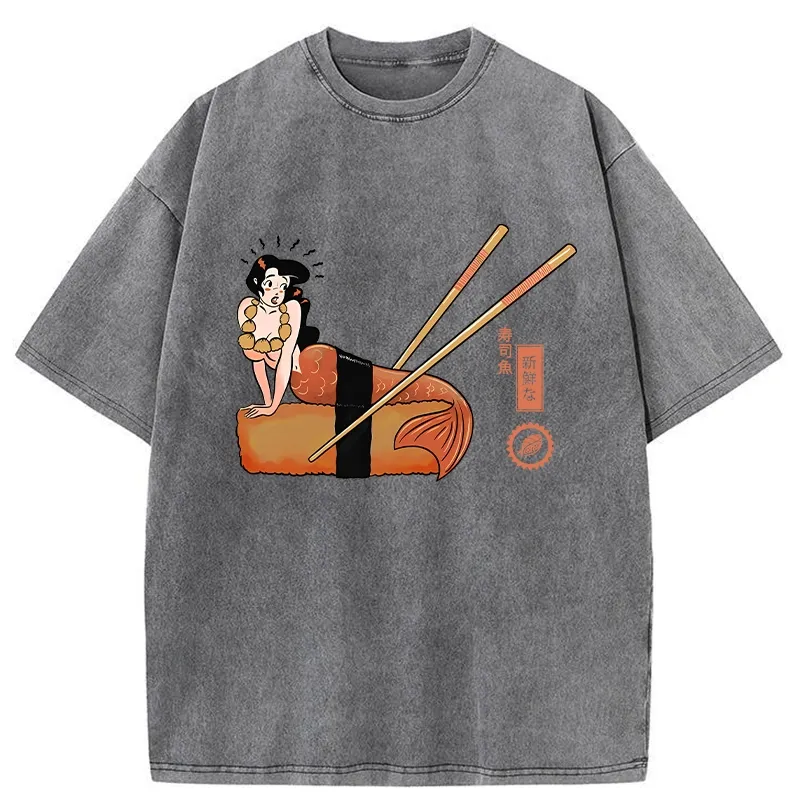 Tokyo-Tiger Funny Sushi Mermaid Washed T-Shirt