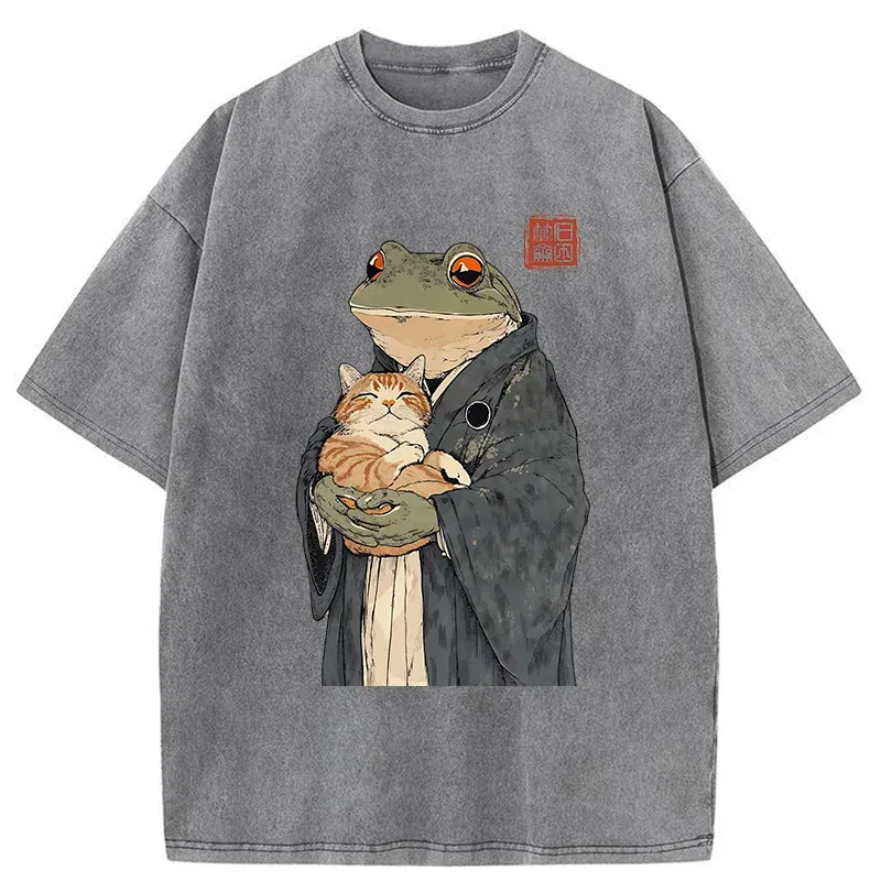 Tokyo-Tiger A Frog Holding A Cat Washed T-Shirt