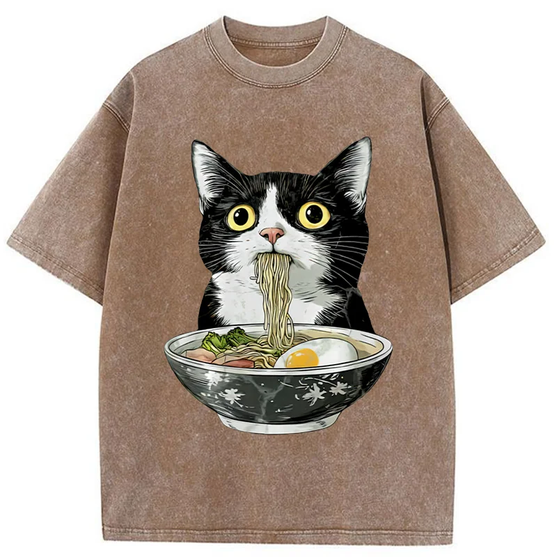 Tokyo-Tiger Cute Cat Eating Japan Ramen Washed T-Shirt