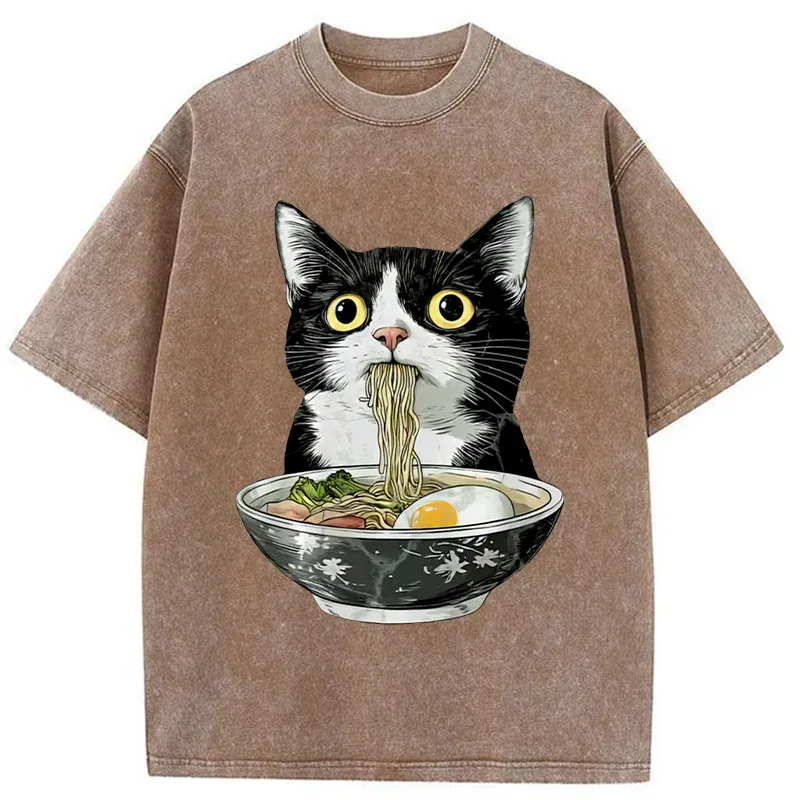 Tokyo-Tiger Cute Cat Eating Japan Ramen Washed T-Shirt