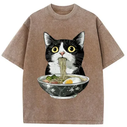 Tokyo-Tiger Cute Cat Eating Japan Ramen Washed T-Shirt