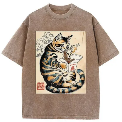 Tokyo-Tiger Cat Eating Takeout Washed T-Shirt