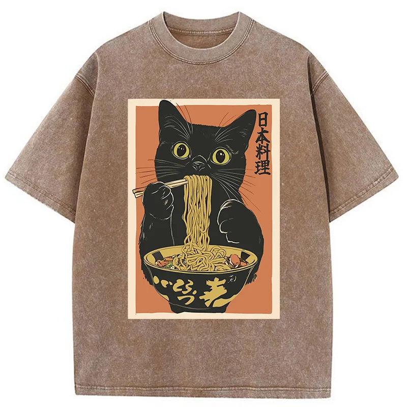 Tokyo-Tiger Black Cat Eats Japan Ramen Washed T-Shirt