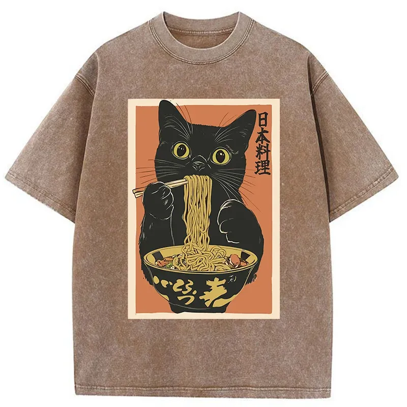 Tokyo-Tiger Black Cat Eats Japan Ramen Washed T-Shirt