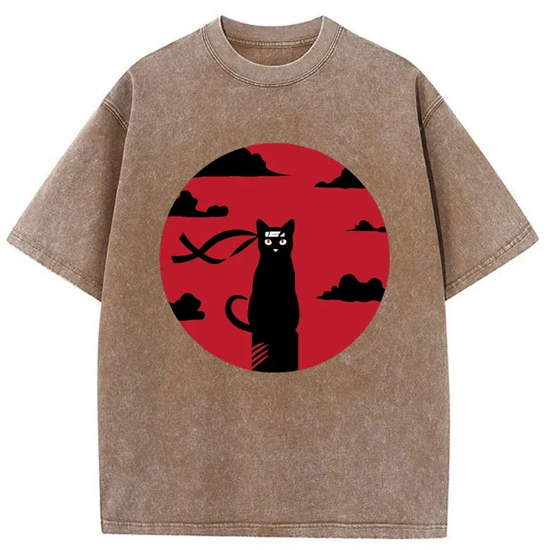 Tokyo-Tiger Ninja Cat In The Dark Washed T-Shirt