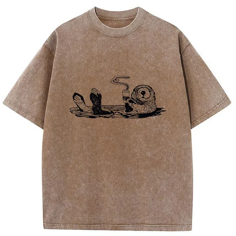 Tokyo-Tiger Otter Drinking Coffee Washed T-Shirt