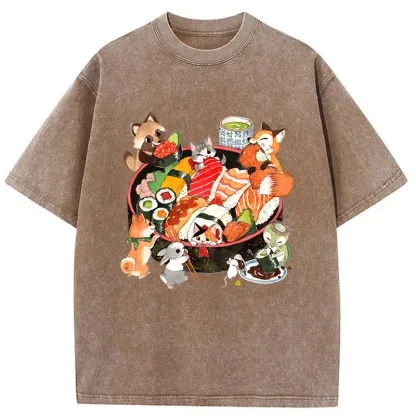 Tokyo-Tiger Sushi Animal Party Washed T-Shirt