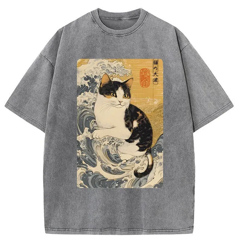Tokyo-Tiger Surfing Cat Washed T-Shirt