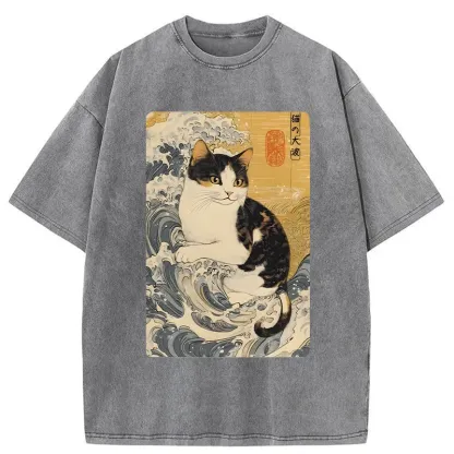 Tokyo-Tiger Surfing Cat Washed T-Shirt