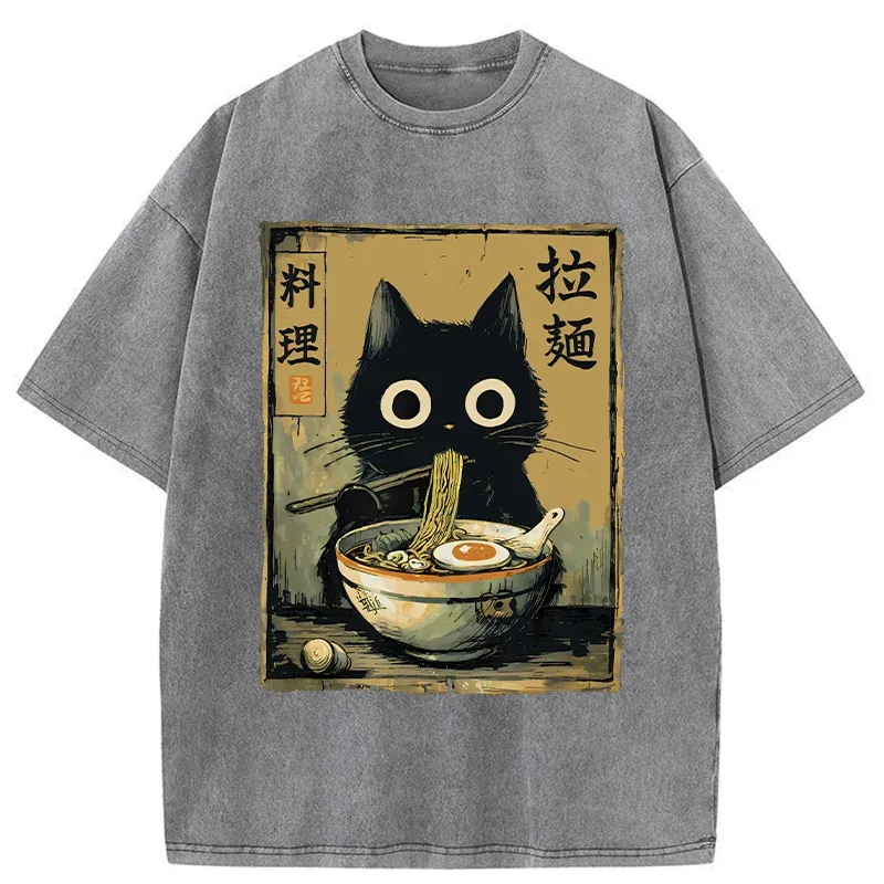 Tokyo-Tiger Cute Black Cat Eating Ramen Washed T-Shirt