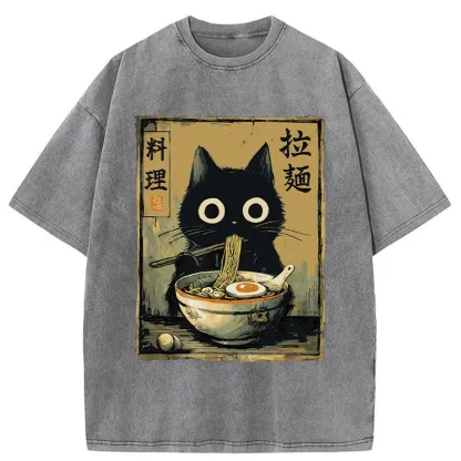 Tokyo-Tiger Cute Black Cat Eating Ramen Washed T-Shirt