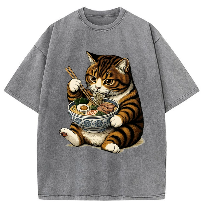 Tokyo-Tiger Tabby Cat Eats Ramen Washed T-Shirt