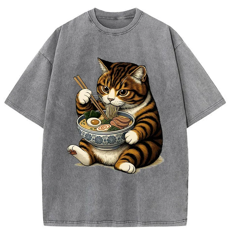Tokyo-Tiger Tabby Cat Eats Ramen Washed T-Shirt