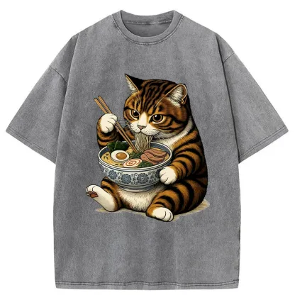 Tokyo-Tiger Tabby Cat Eats Ramen Washed T-Shirt