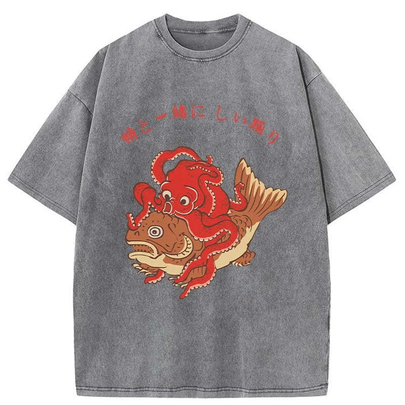 Tokyo-Tiger Octopus And Koi Dance Together Washed T-Shirt