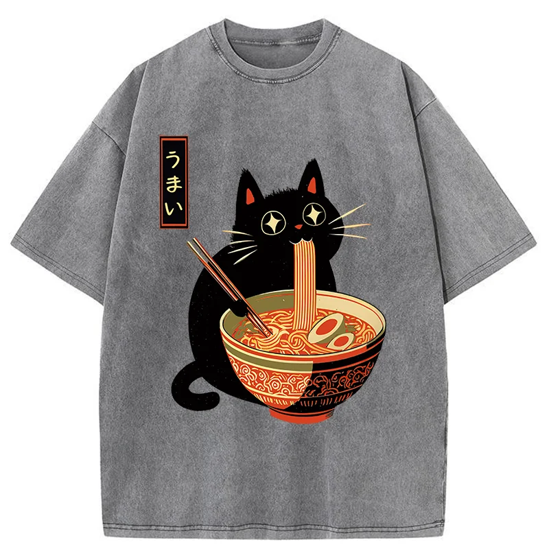 Tokyo-Tiger Cat Eats Super Delicious Ramen Washed T-Shirt