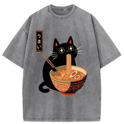 Tokyo-Tiger Cat Eats Super Delicious Ramen Washed T-Shirt
