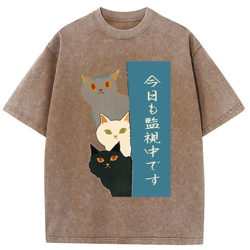 Tokyo-Tiger Cats Secretly Watching Washed T-Shirt