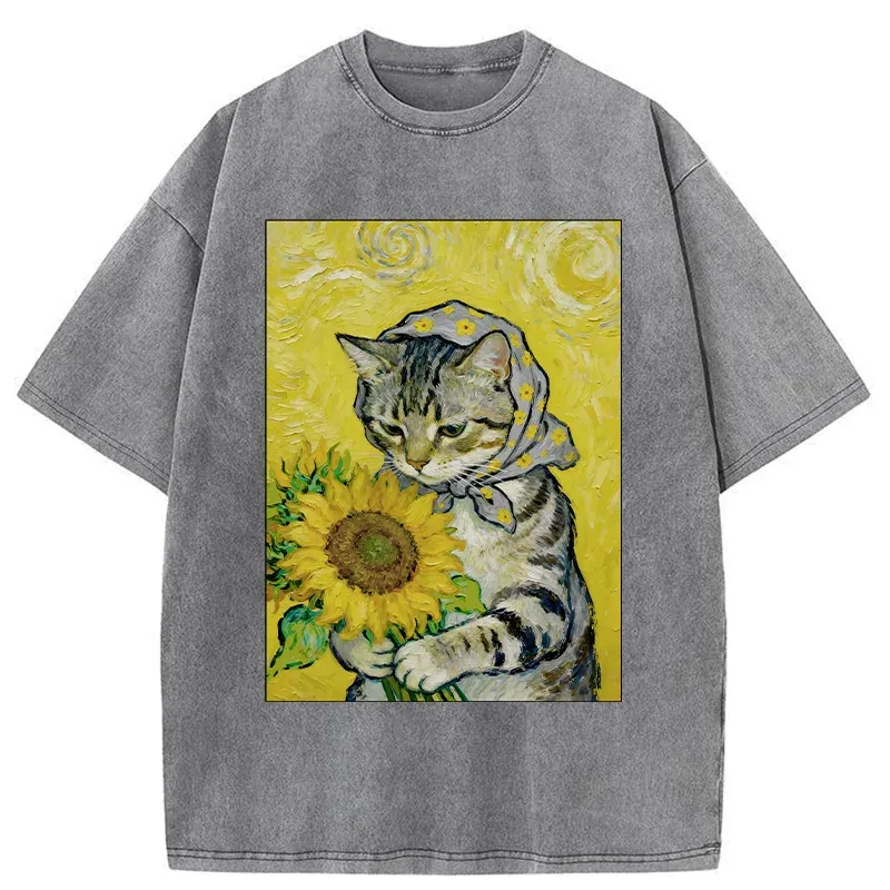 Tokyo-Tiger Cat Is Picking Sunflowers Washed T-Shirt