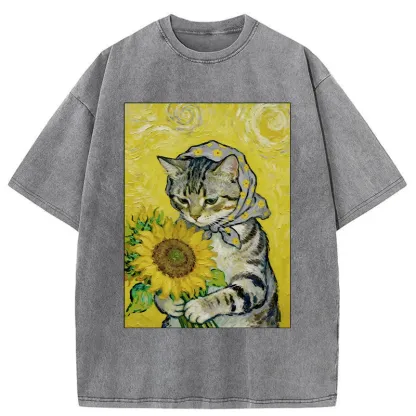 Tokyo-Tiger Cat Is Picking Sunflowers Washed T-Shirt