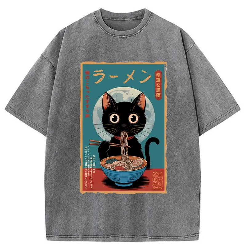 Tokyo-Tiger Ramen Fanatic Cat Washed T-Shirt