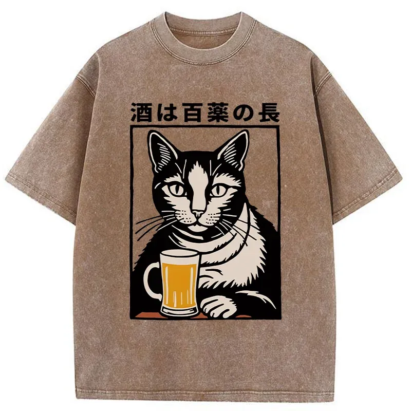 Tokyo-Tiger Cat And Beer Japanese Washed T-Shirt
