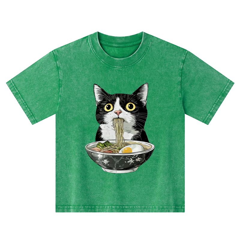 Tokyo-Tiger Cute Cat Eating Japan Ramen Kids Washed T-Shirt