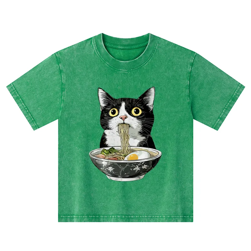Tokyo-Tiger Cute Cat Eating Japan Ramen Kids Washed T-Shirt