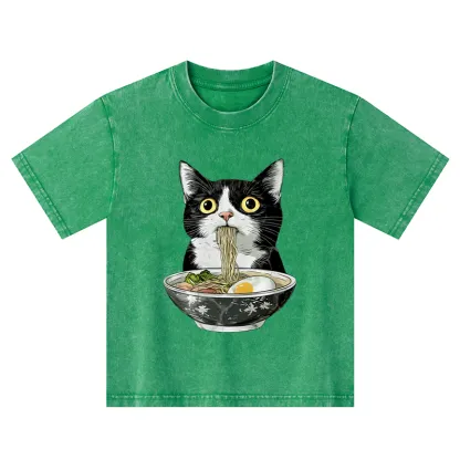 Tokyo-Tiger Cute Cat Eating Japan Ramen Kids Washed T-Shirt
