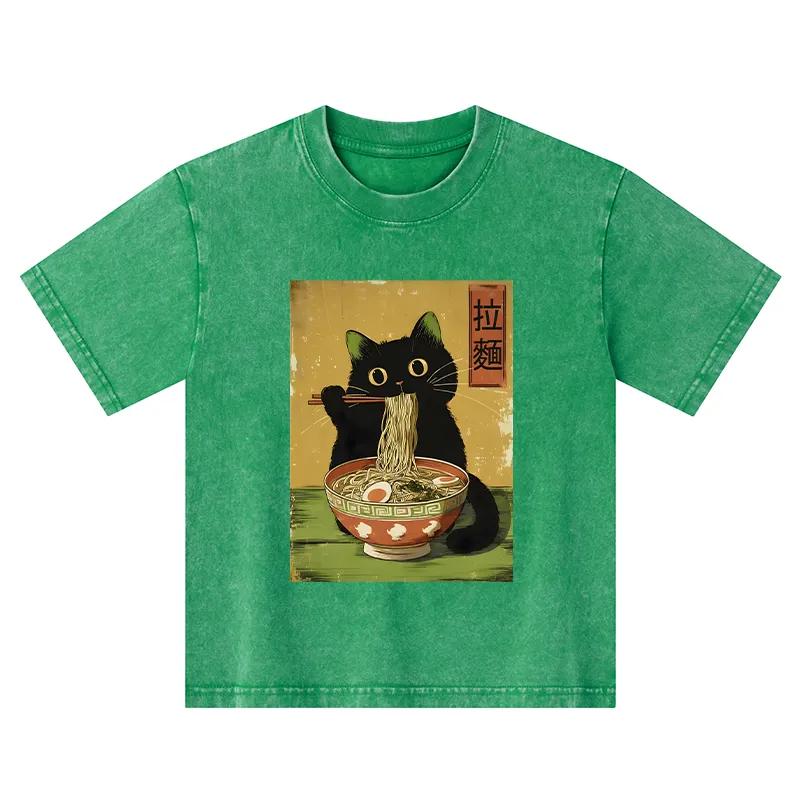 Tokyo-Tiger Vintage Japanese Cat Eating Ramen Kids Washed T-Shirt