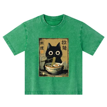 Tokyo-Tiger Cute Black Cat Eating Ramen Japan Kids Washed T-Shirt