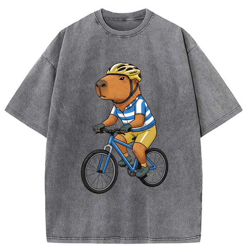 Tokyo-Tiger Capybara Riding A Bicycle Washed T-Shirt