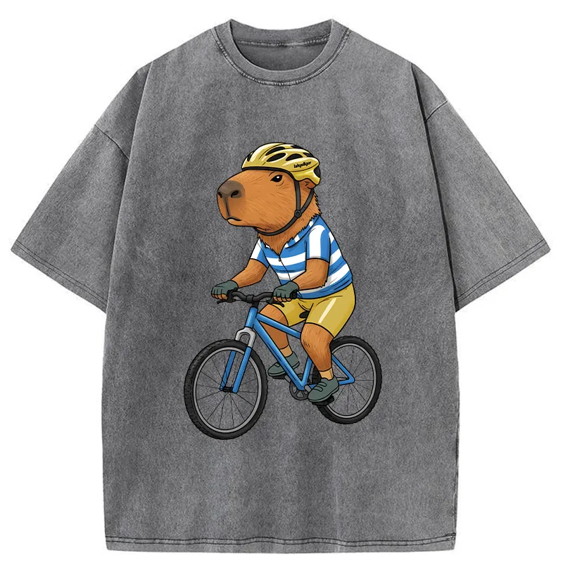 Tokyo-Tiger Capybara Riding A Bicycle Washed T-Shirt Sale
