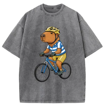 Tokyo-Tiger Capybara Riding A Bicycle Washed T-Shirt
