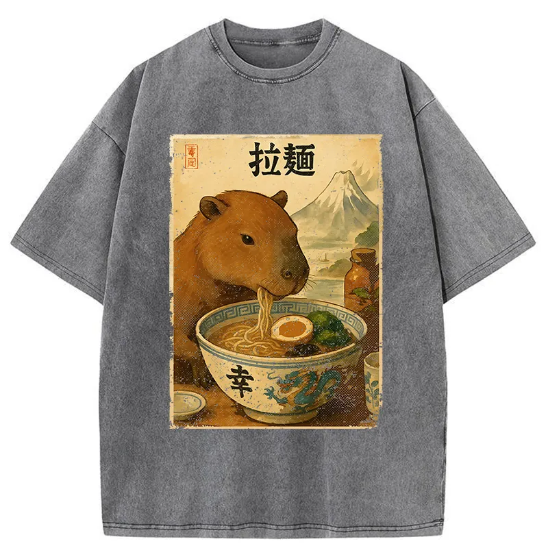Tokyo-Tiger Capybara Eating Japan Ramen Washed T-Shirt
