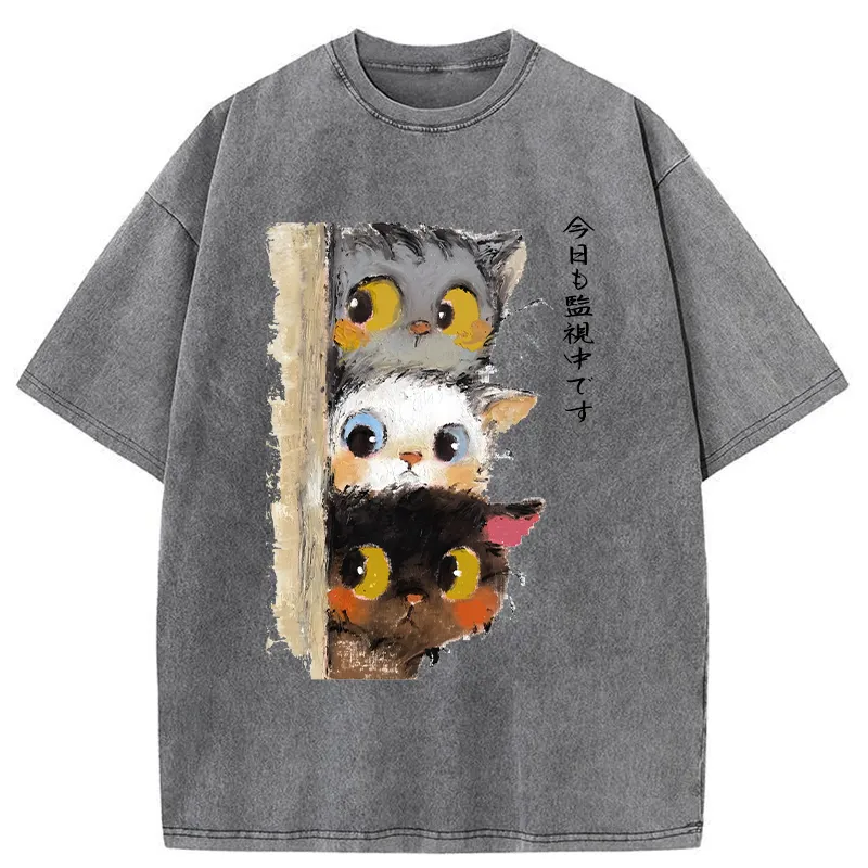 Tokyo-Tiger Three Cats Secretly Monitor Their Owner Washed T-Shirt