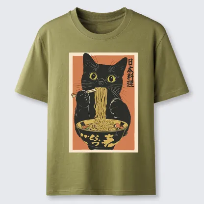 Tokyo-Tiger Black Cat Eats Japan Ramen Classic T-Shirt