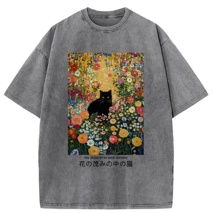 Tokyo-Tiger Black Cat In The Flower Bushes Washed T-Shirt