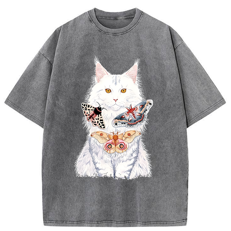 Tokyo-Tiger Elegant White Cat Washed T-Shirt