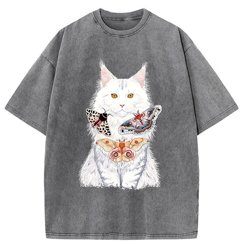 Tokyo-Tiger Elegant White Cat Washed T-Shirt Sale