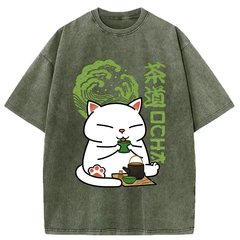 Tokyo-Tiger Cat Tasting Tea Washed T-Shirt