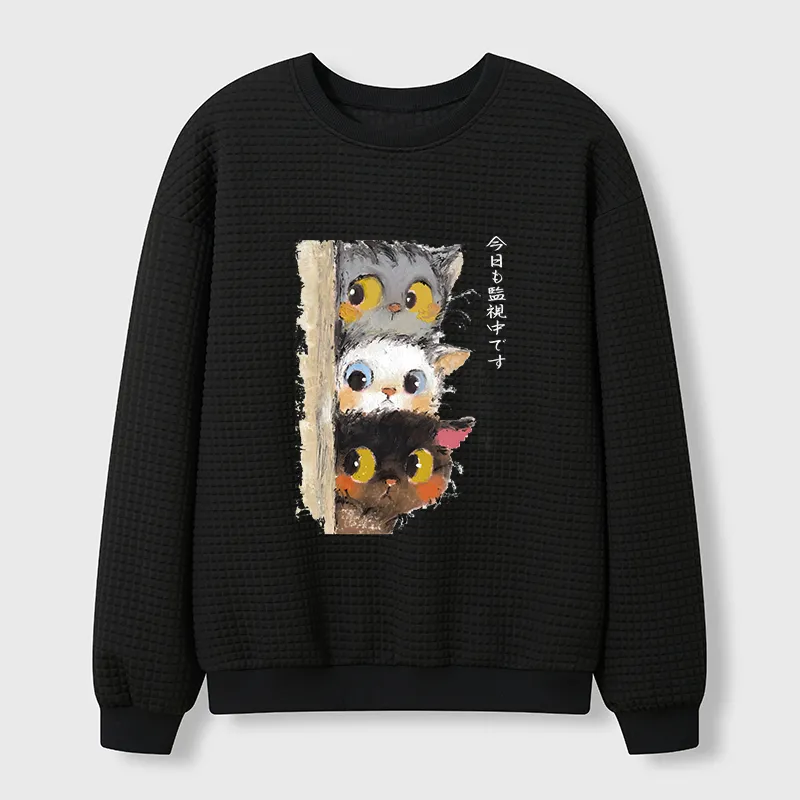 Tokyo-Tiger Three Cats Secretly Monitor Their Owner Waffle Sweatshirt