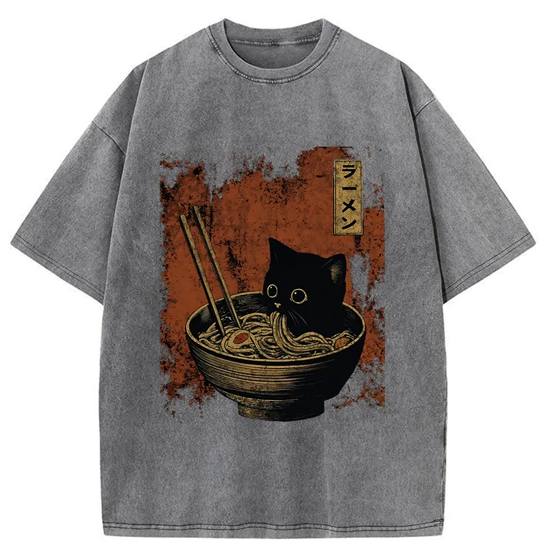 Tokyo-Tiger Retro Cat Eating Japan Ramen Washed T-Shirt